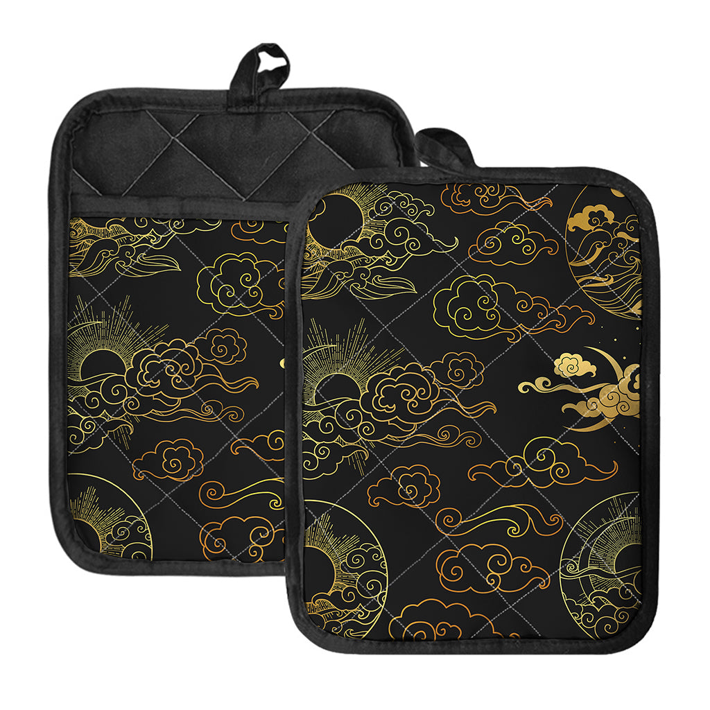 Gold Moon And Sun Print Pot Holders With Pocket