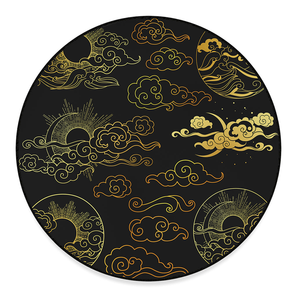 Gold Moon And Sun Print Round Floor Mat