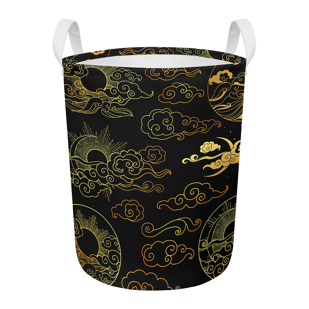 Gold Moon And Sun Print Round Laundry Basket