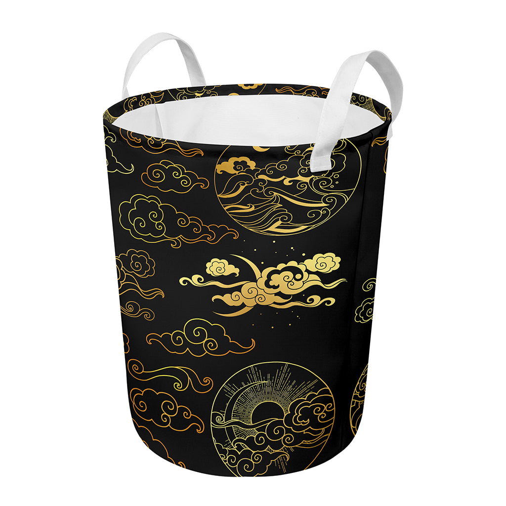 Gold Moon And Sun Print Round Laundry Basket