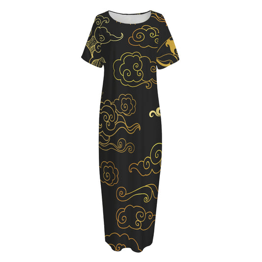 Gold Moon And Sun Print Short Sleeve Long Nightdress