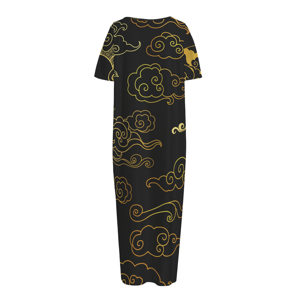 Gold Moon And Sun Print Short Sleeve Long Nightdress