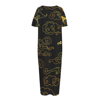 Gold Moon And Sun Print Short Sleeve Long Nightdress