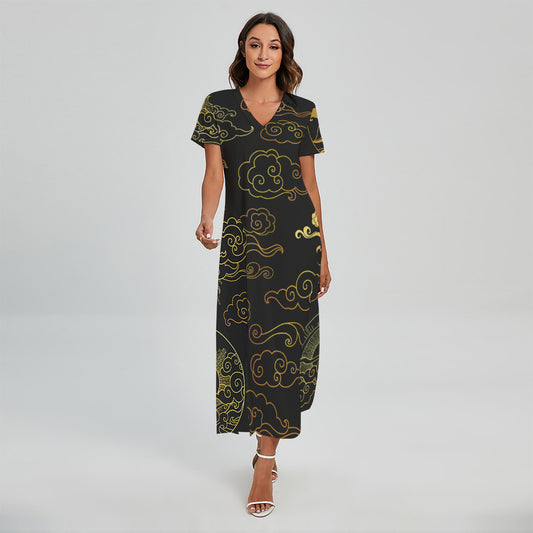 Gold Moon And Sun Print Short Sleeve Maxi Dress