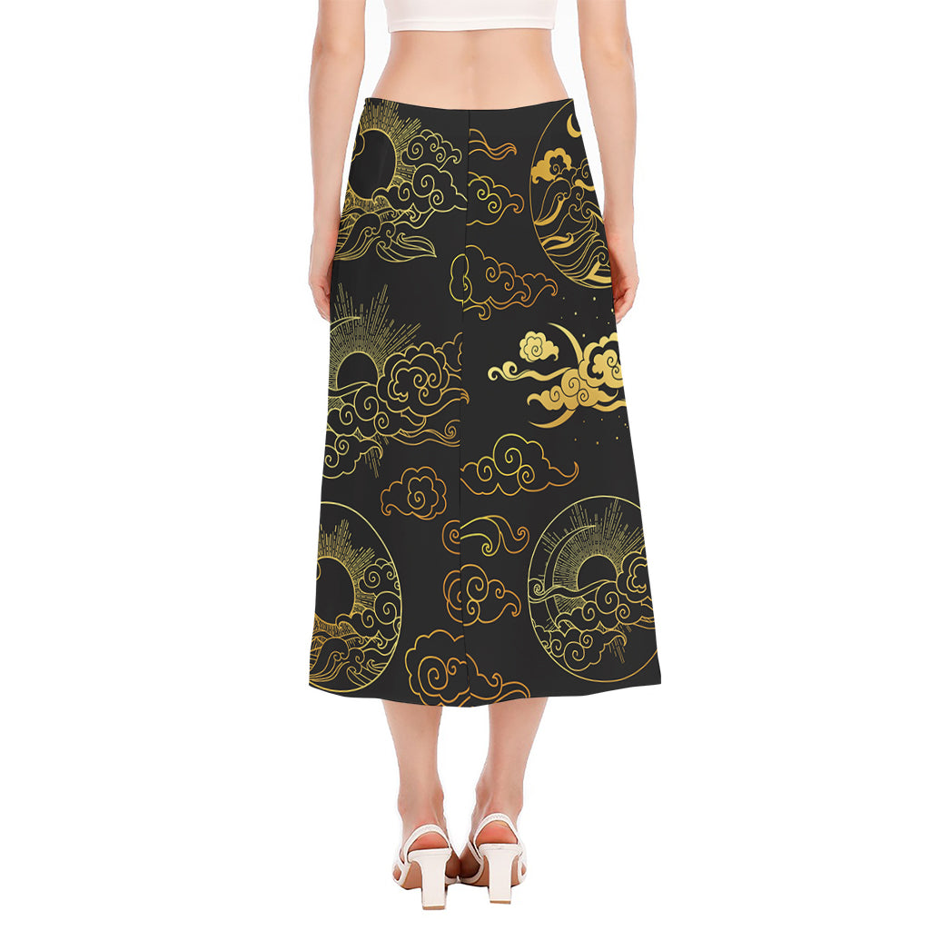 Gold Moon And Sun Print Side Slit Midi Skirt