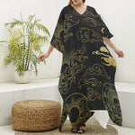 Gold Moon And Sun Print Silk V-Neck Kaftan Dress
