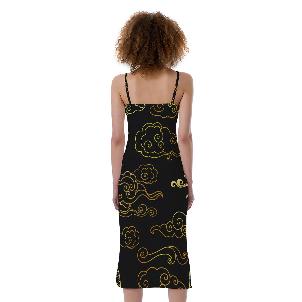 Gold Moon And Sun Print Slim Fit Midi Cami Dress