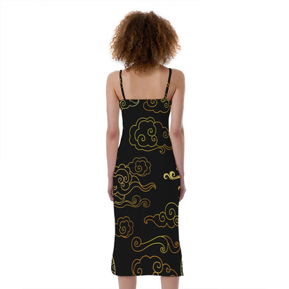 Gold Moon And Sun Print Slim Fit Midi Cami Dress
