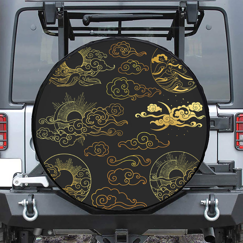 Gold Moon And Sun Print Tire Cover