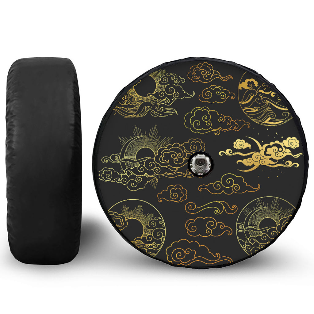 Gold Moon And Sun Print Tire Cover With Camera Hole