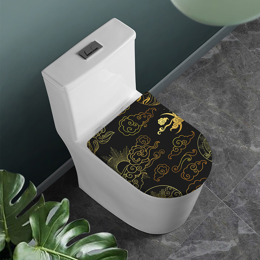 Gold Moon And Sun Print Toilet Lid Cover