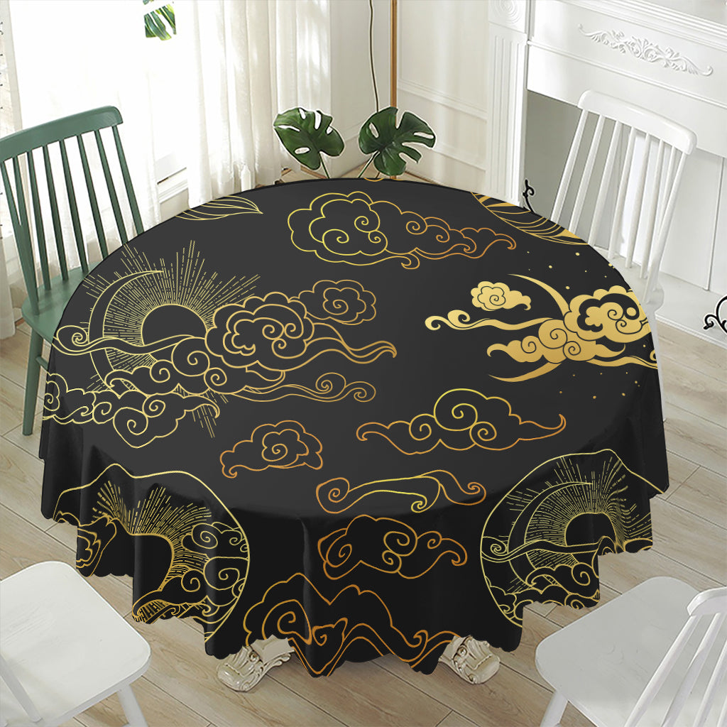 Gold Moon And Sun Print Waterproof Round Tablecloth