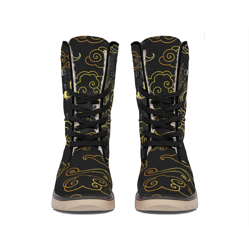 Gold Moon And Sun Print Winter Boots