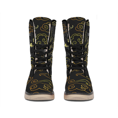 Gold Moon And Sun Print Winter Boots