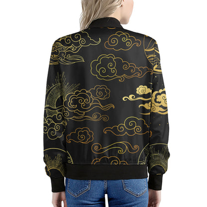 Gold Moon And Sun Print Women's Bomber Jacket