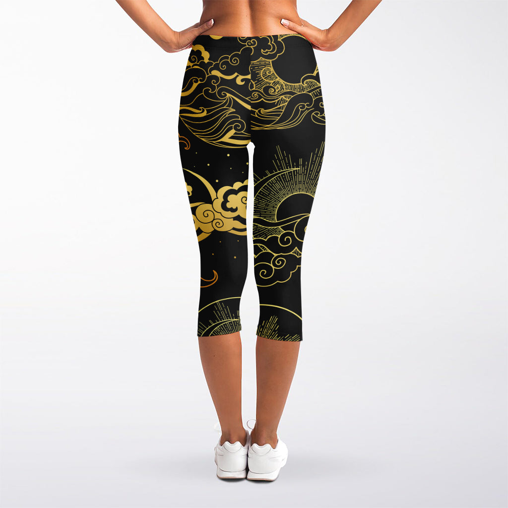 Gold Moon And Sun Print Women's Capri Leggings
