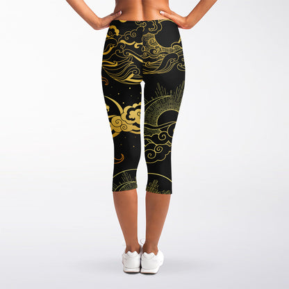 Gold Moon And Sun Print Women's Capri Leggings