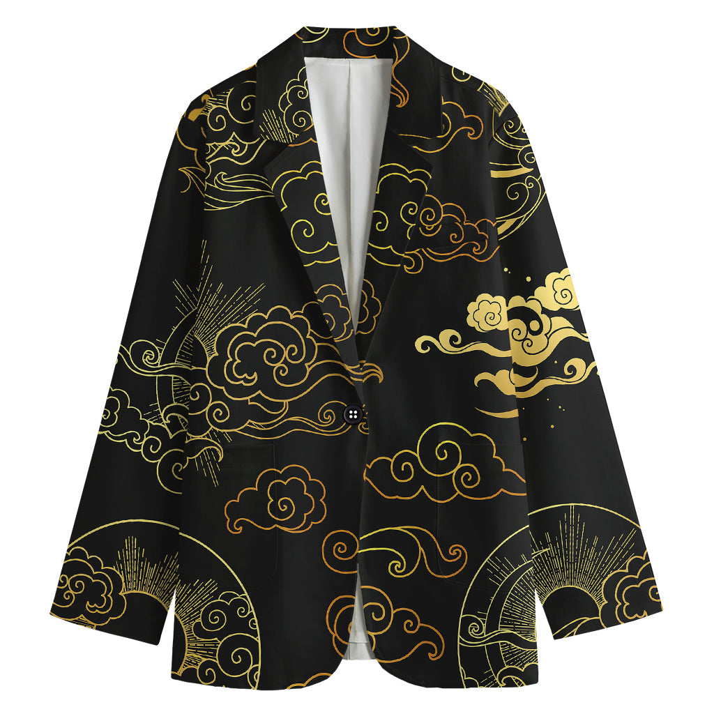 Gold Moon And Sun Print Women's Cotton Blazer