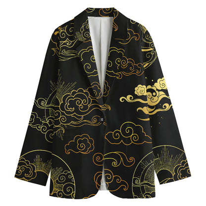 Gold Moon And Sun Print Women's Cotton Blazer