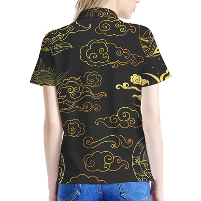 Gold Moon And Sun Print Women's Polo Shirt