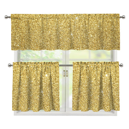 Gold (NOT Real) Glitter Print 3 Piece Kitchen Curtains