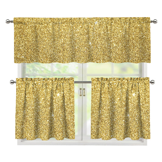 Gold (NOT Real) Glitter Print 3 Piece Kitchen Curtains