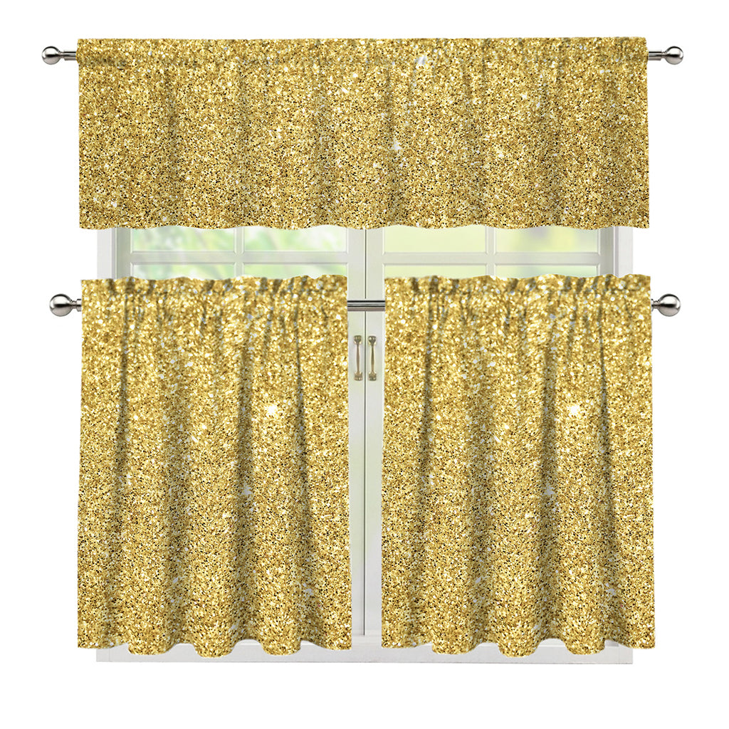 Gold (NOT Real) Glitter Print 3 Piece Kitchen Curtains