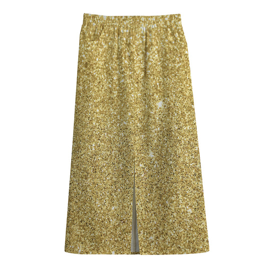Gold (NOT Real) Glitter Print Cotton Front Slit Maxi Skirt