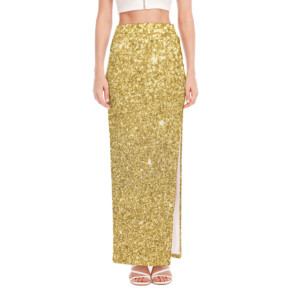 Gold (NOT Real) Glitter Print High Slit Maxi Skirt