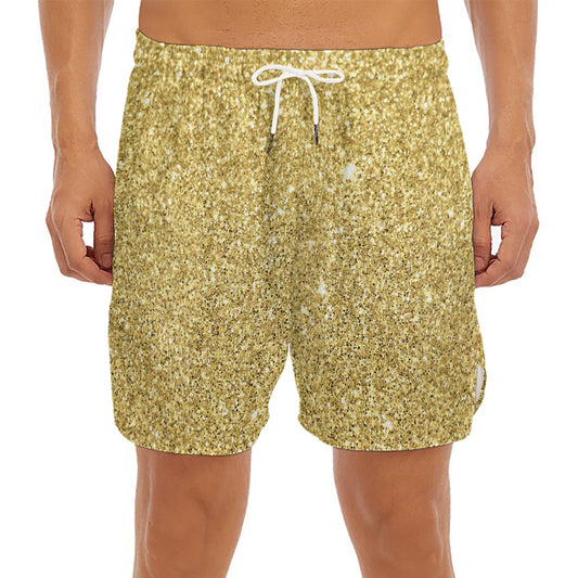 Gold (NOT Real) Glitter Print Men's Split Running Shorts