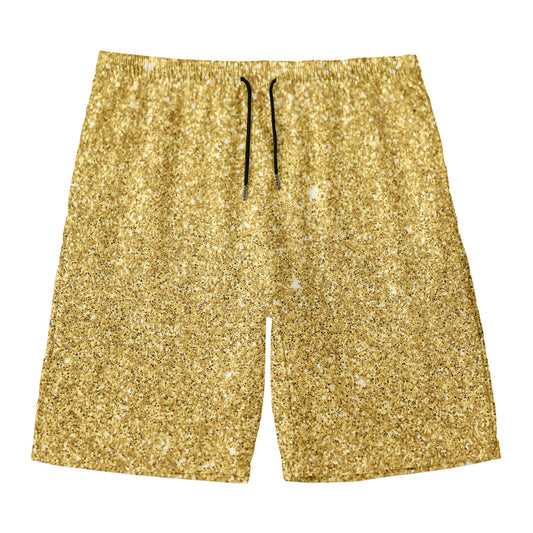 Gold (NOT Real) Glitter Print Men's Swim Trunks
