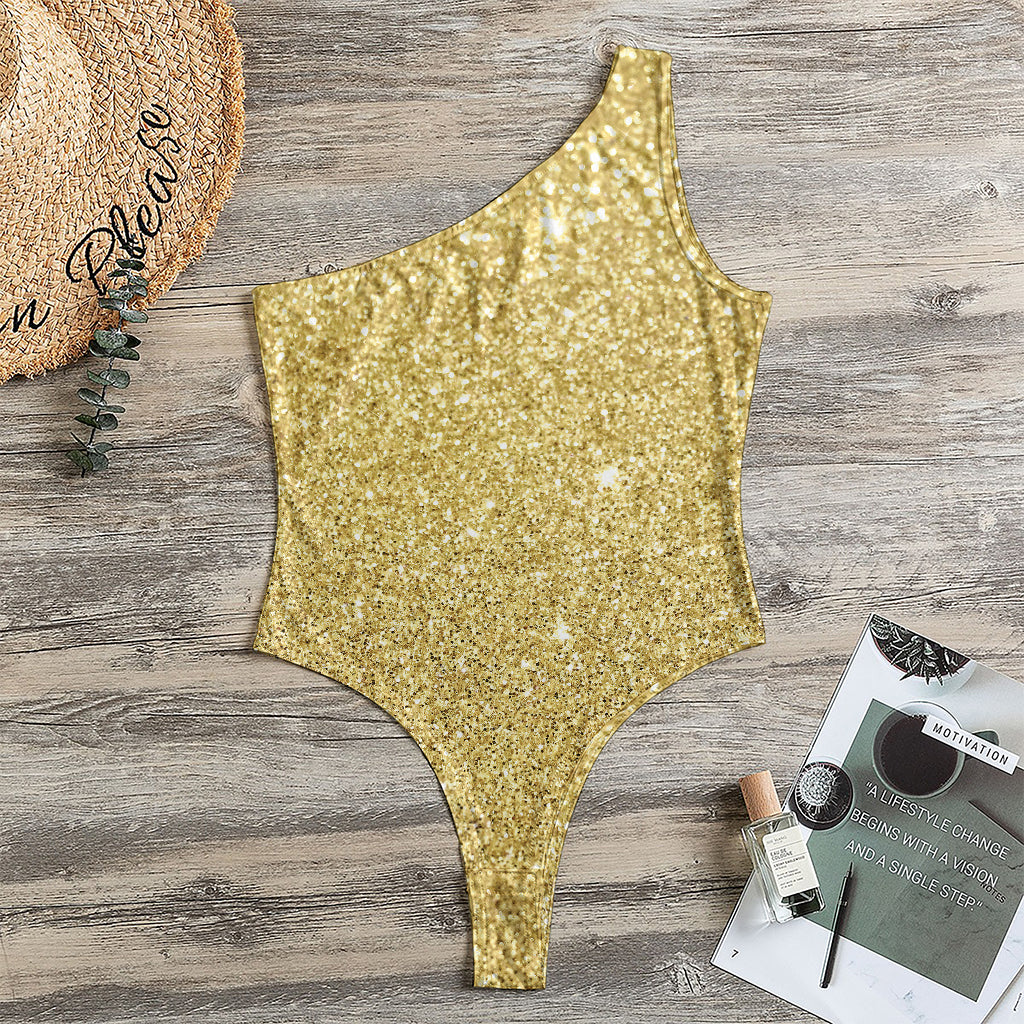 Gold (NOT Real) Glitter Print One Shoulder Bodysuit