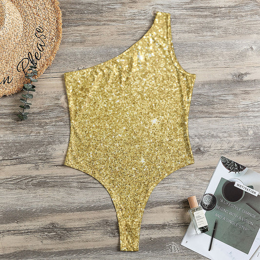Gold (NOT Real) Glitter Print One Shoulder Bodysuit