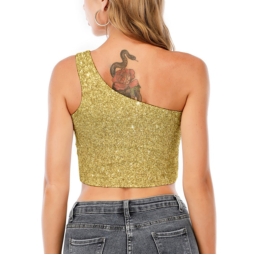 Gold (NOT Real) Glitter Print One Shoulder Crop Top