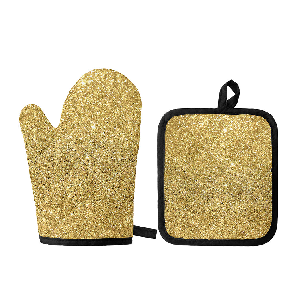 Gold (NOT Real) Glitter Print Oven Mitt And Pot Holder Set