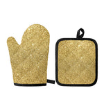 Gold (NOT Real) Glitter Print Oven Mitt And Pot Holder Set