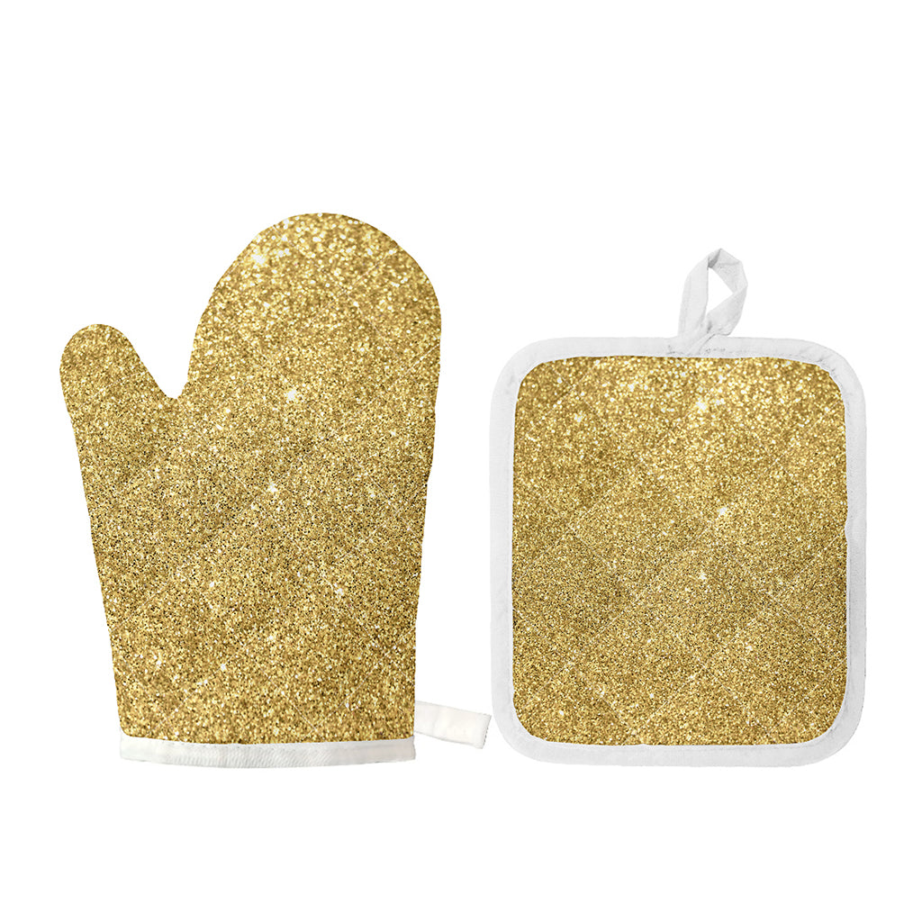 Gold (NOT Real) Glitter Print Oven Mitt And Pot Holder Set
