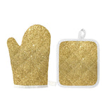 Gold (NOT Real) Glitter Print Oven Mitt And Pot Holder Set
