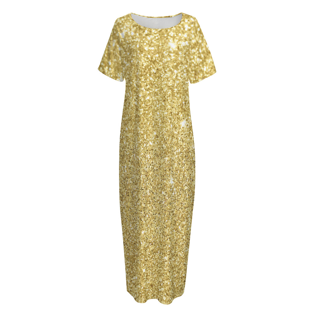 Gold (NOT Real) Glitter Print Short Sleeve Long Nightdress