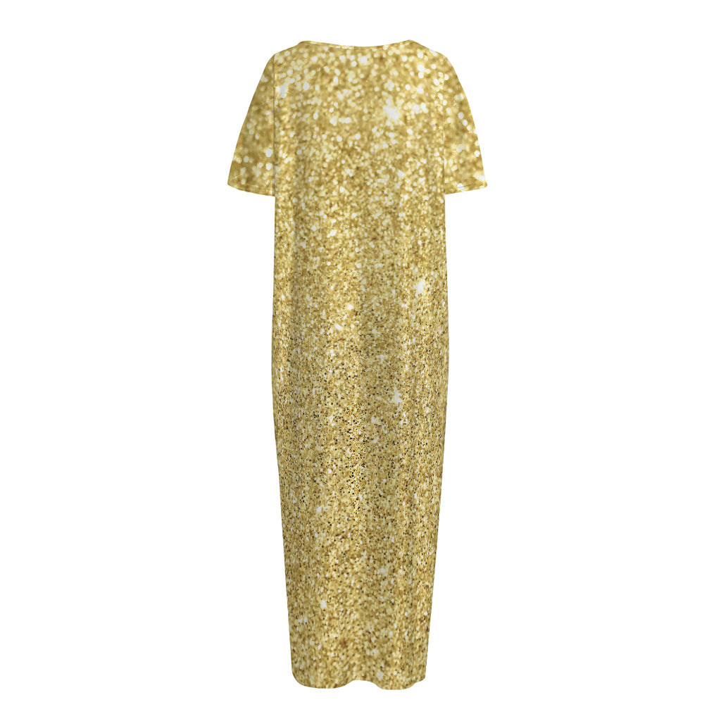 Gold (NOT Real) Glitter Print Short Sleeve Long Nightdress