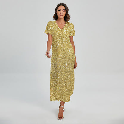 Gold (NOT Real) Glitter Print Short Sleeve Maxi Dress