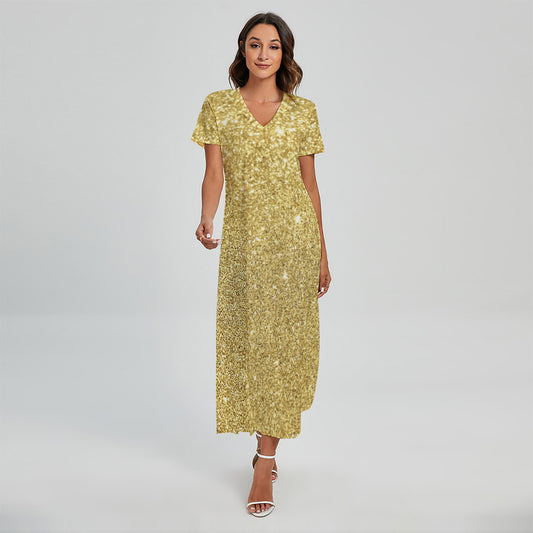 Gold (NOT Real) Glitter Print Short Sleeve Maxi Dress