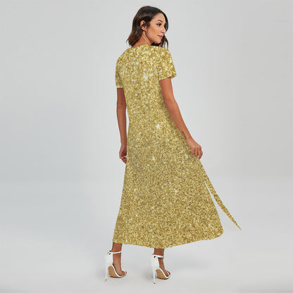 Gold (NOT Real) Glitter Print Short Sleeve Maxi Dress