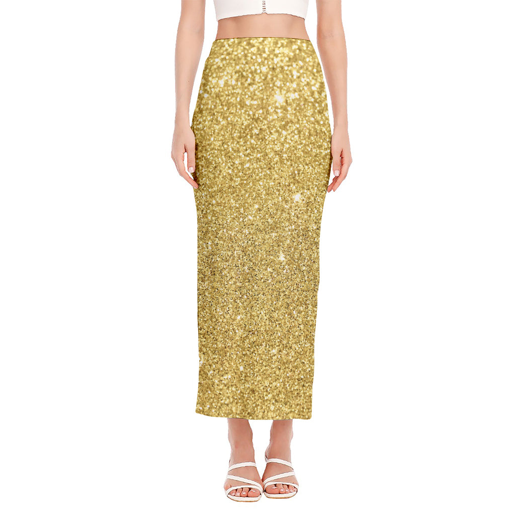 Gold (NOT Real) Glitter Print Side Slit Maxi Skirt