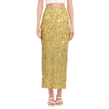 Gold (NOT Real) Glitter Print Side Slit Maxi Skirt