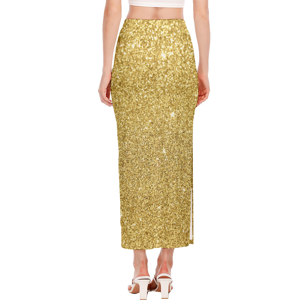 Gold (NOT Real) Glitter Print Side Slit Maxi Skirt