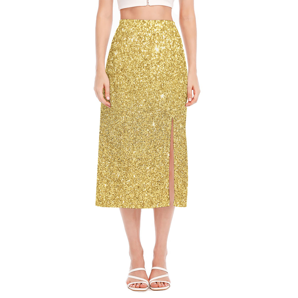 Gold (NOT Real) Glitter Print Side Slit Midi Skirt