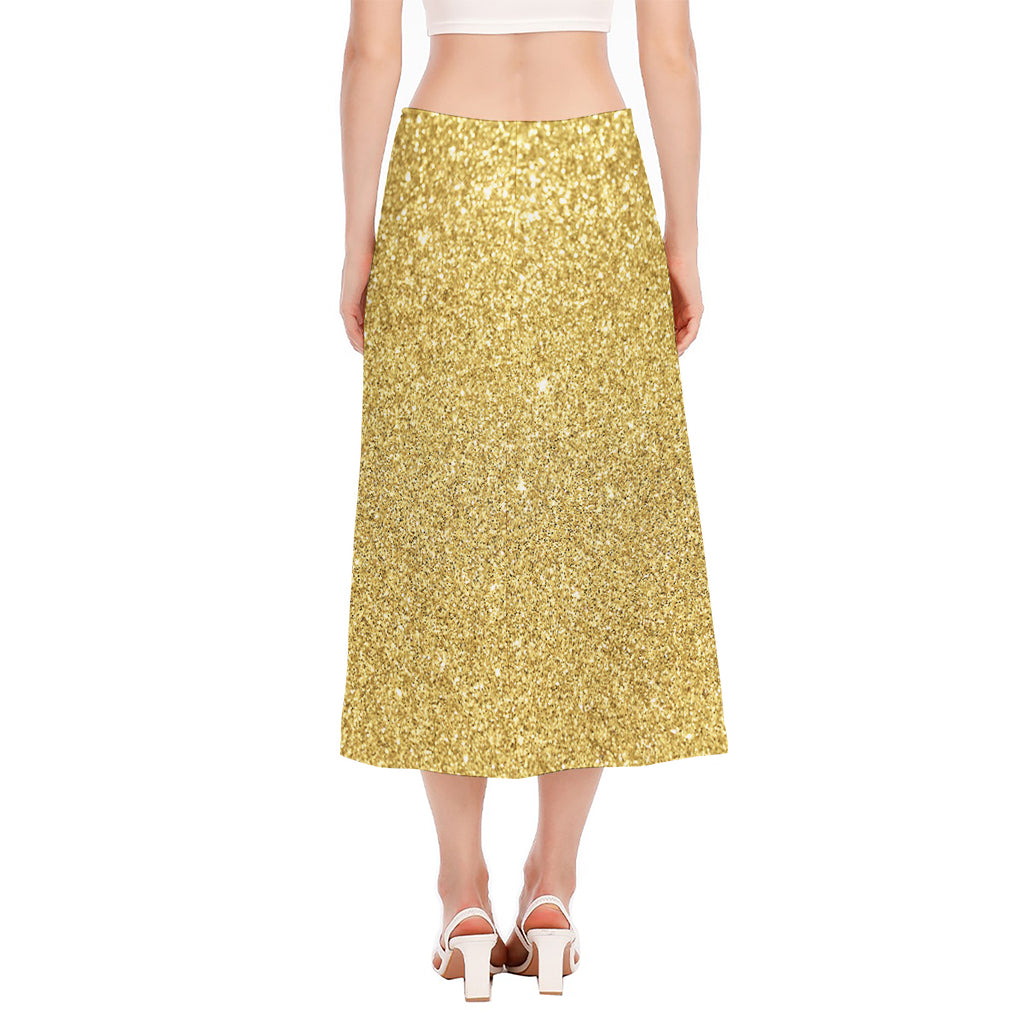 Gold (NOT Real) Glitter Print Side Slit Midi Skirt