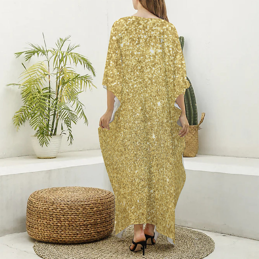 Gold (NOT Real) Glitter Print Silk V-Neck Kaftan Dress
