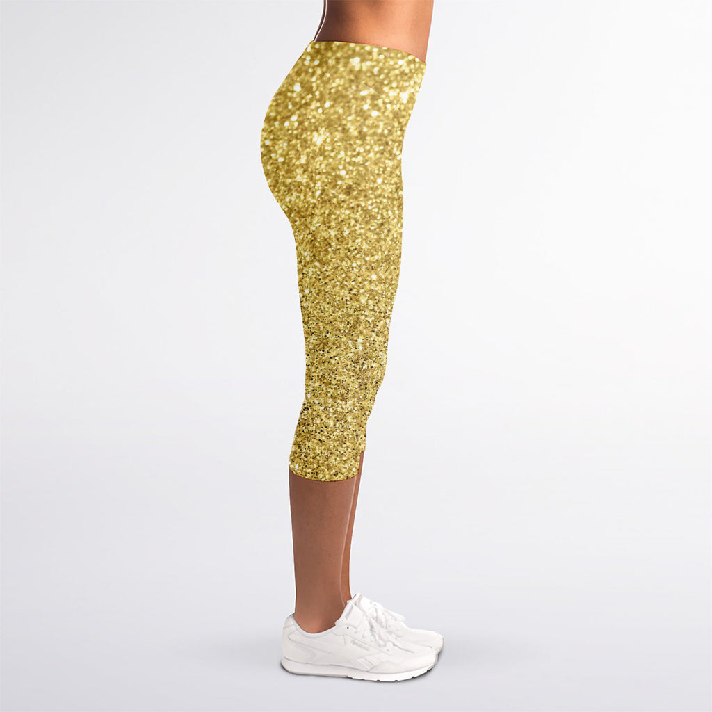 Gold (NOT Real) Glitter Print Women's Capri Leggings